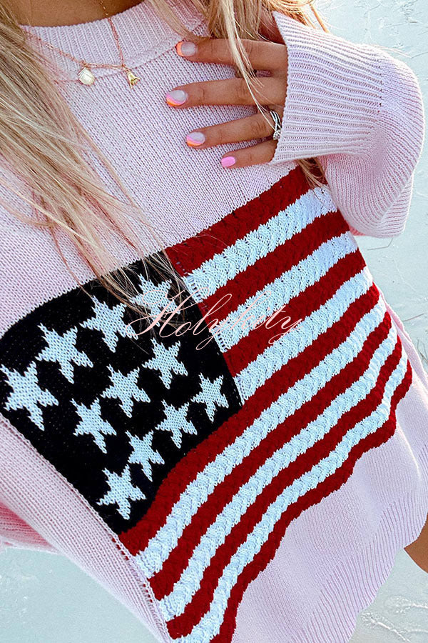 Independence Day Patchwork Long Sleeved Crew Neck Knitted Sweater