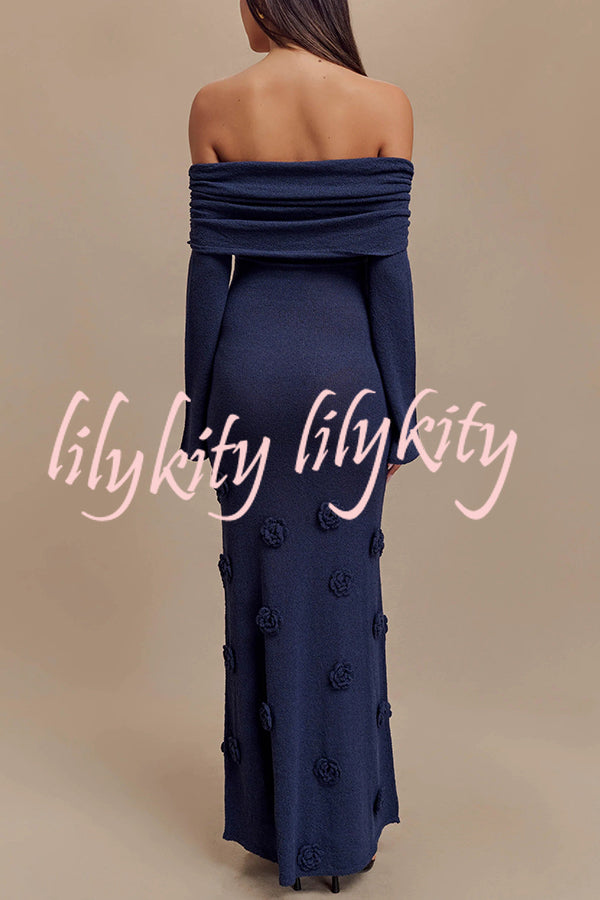 Timeless Sophistication Knit Off Shoulder Rose Detail Stretch Maxi Dress