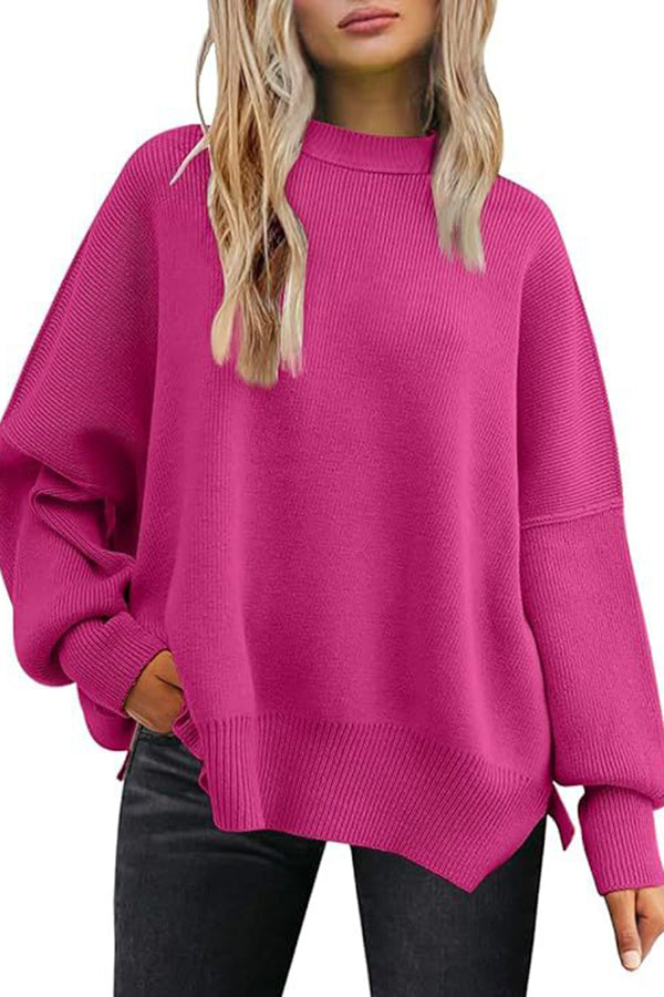 Distressed Knit Side Slit Long Sleeve Pullover Sweater