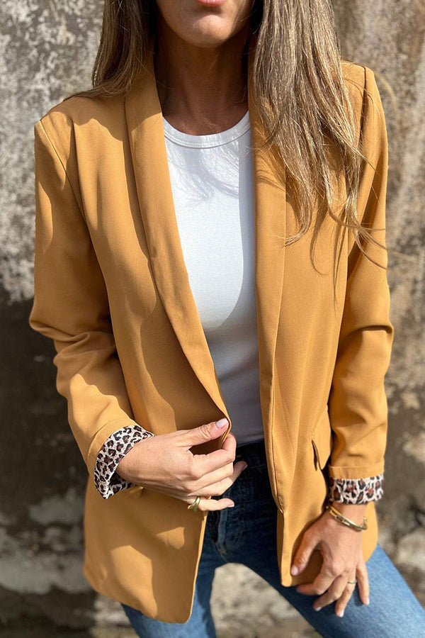 Stylish leopard print lined lapel long sleeve blazer