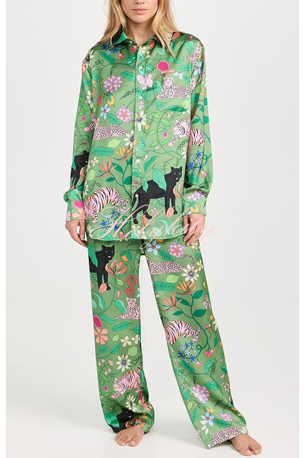 Quiet Jungle Satin Unique Print Long Sleeve Shirt and Elastic Waist Pocket Lounge Pants Set