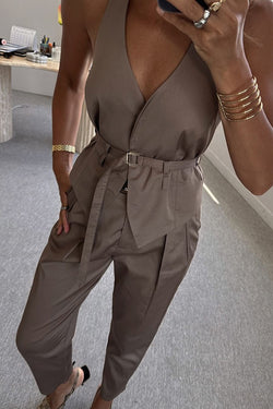 Sexy Backless Belted Waistcoat and Casual Pocket Pants Set