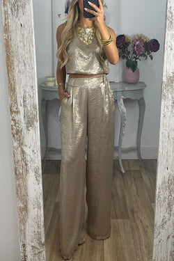 Rita Metallic Fabric Back Buttons Crop Tank and Elastic Waist Pocketed Wide Leg Pants Set