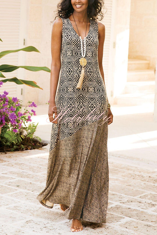 Elegant and Unique Printed V Neck Maxi Dress