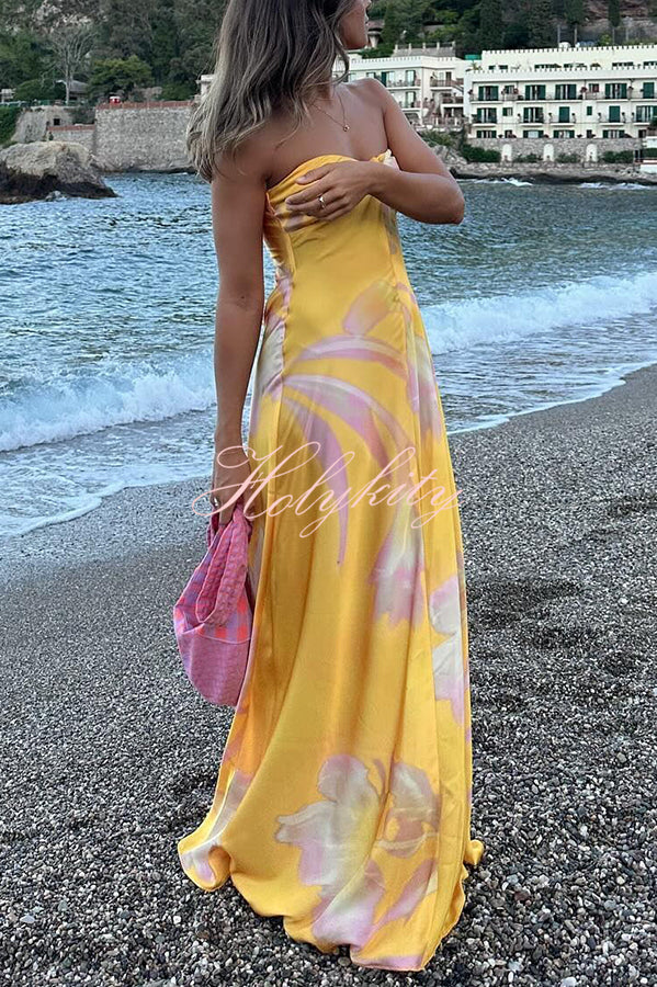 Catalina Island Satin Floral Print Twist Bust Halter Maxi Dress