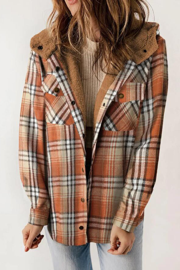 Fashion Plaid Long Sleeve Pocket Casual Hooded Jacket