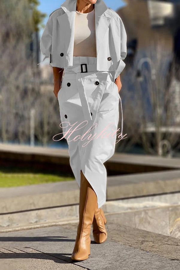 Work Style Lapel Long Sleeve Jacket and Button Belt Pocketed Slit Midi Skirt Set