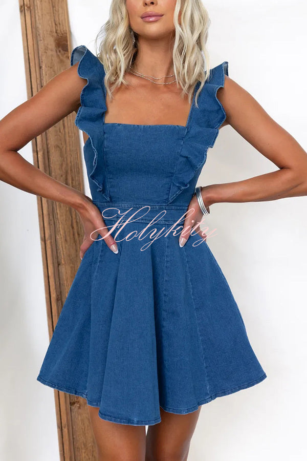 Sweet Secret Denim Square Neck Ruffle Sleeve Stretch Mini Dress