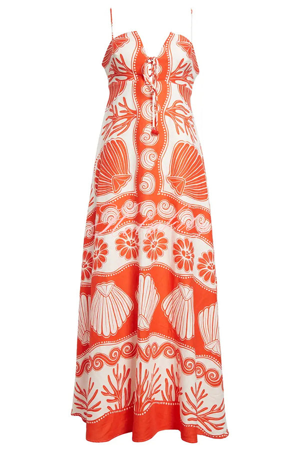 Beautiful Shell Unique Print Front Lace-up Loose  Maxi Dress