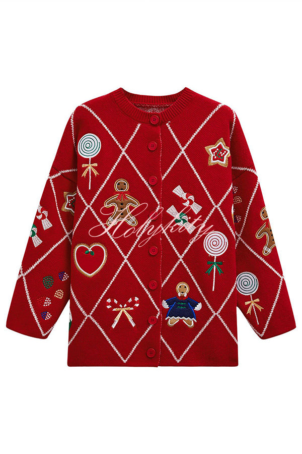 Argyle Candy Gingerbread Man Embroidered Button-knit Cardigan