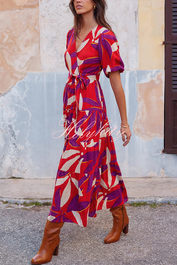 Unique Printed Waist Lace Up Slit Maxi Dress