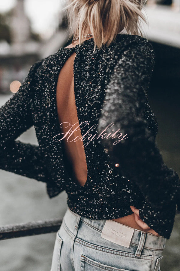 Exclusive Party Sequin Extra Long Slit Sleeves Open Back Top