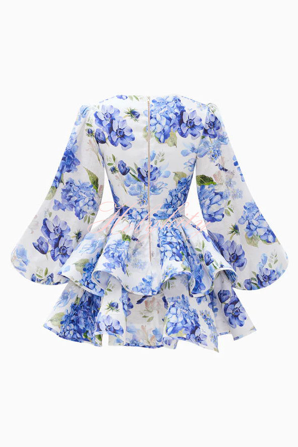 Feminine and Sexy Floral Print Deep V-neck Balloon Sleeve Tiered Mini Dress