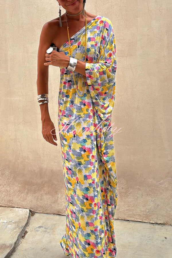 Indio Watercolor Print One Shoulder Drape Sleeve Maxi Dress