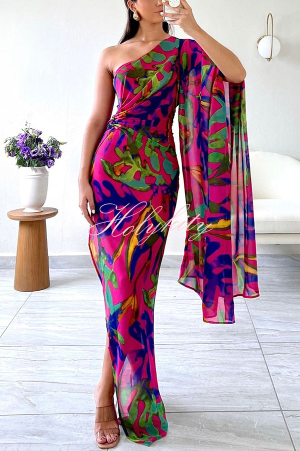 Colorful Printed One-sleeve Slim-fitting Slit Maxi Dress