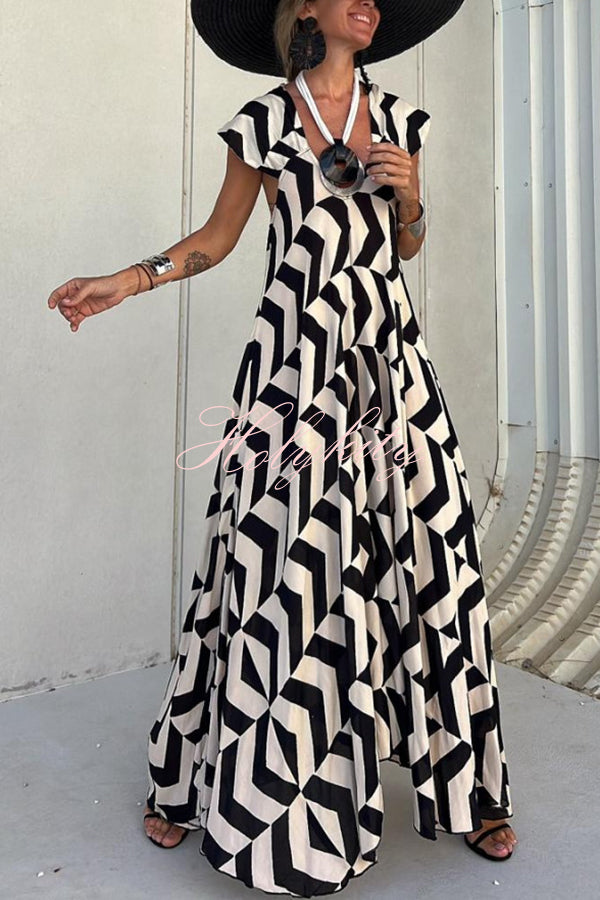 Fresh Breeze Ethnic Unique Print Ruffle Sleeve A-line Maxi Dress