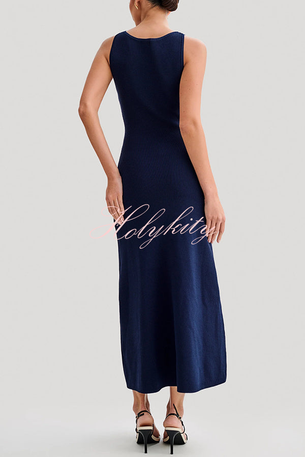 Solid Color Slim Fit Crew Neck Button Up Sleeveless Knitted Maxi Dress