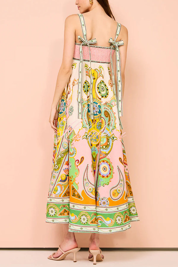 Summer Serenade Linen Blend Unique Print Tie-up Strap Smocked Pocketed Maxi Dress