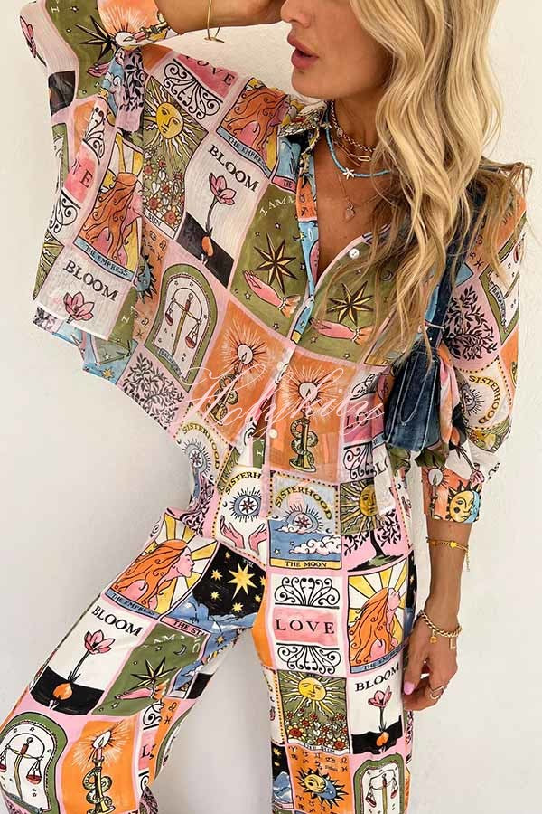 Whimsical Tarot Inspired Print Dolman Sleeve Flowy Shirt and Elastic Waist Wide Leg Pants Set