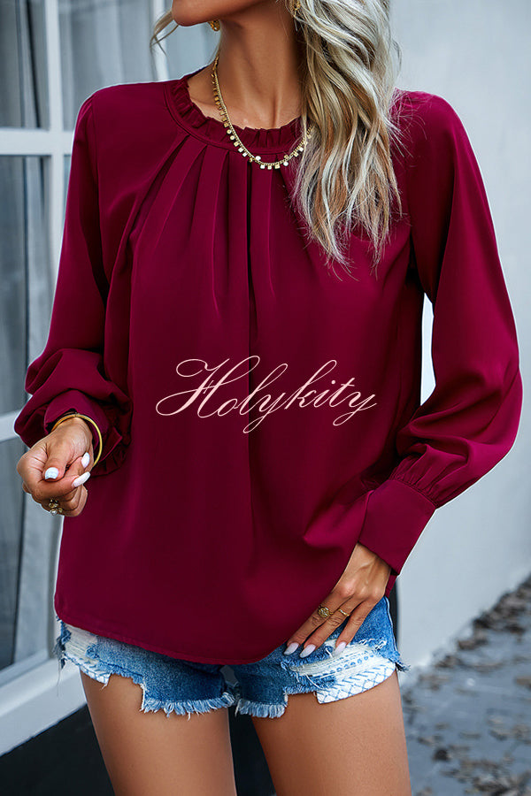 Elegant Round Neck Pleated Long Sleeve Solid Color Top