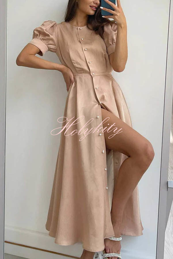 Chic and Classy Vibe Puff Sleeve Pearl Button Slit Midi Dress