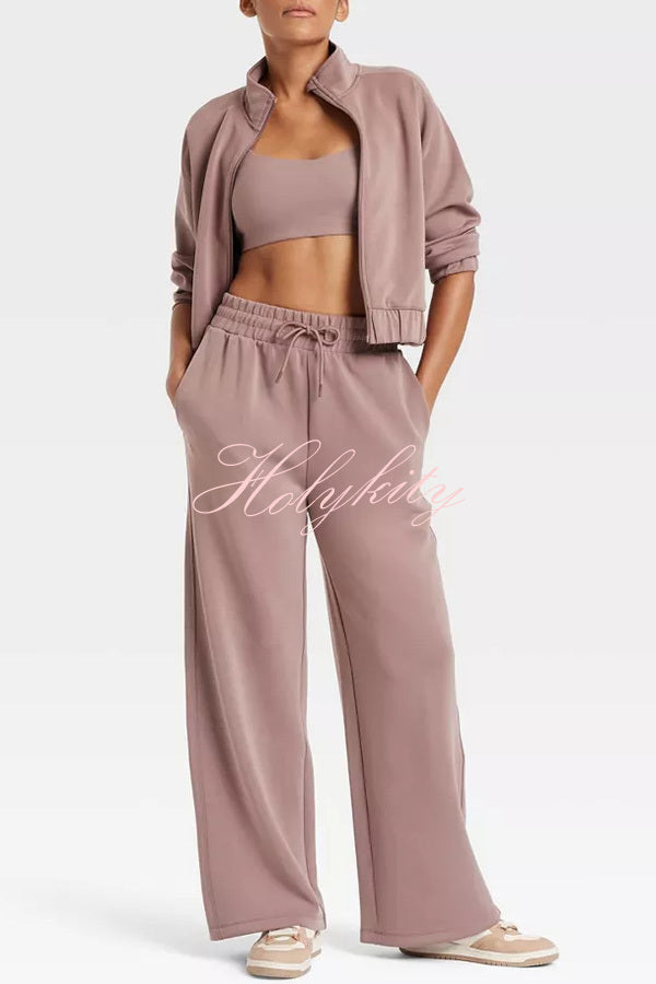 Airy Sleek Full Zip Jacket and High Rise Elastic Waist Pocket Wide Leg Sweatpants Set