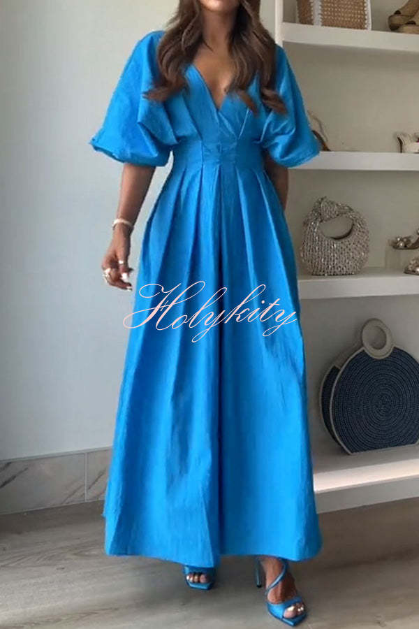 Antibes Linen Blend Princess Line Pleated Wide Puff Sleeve Midi Dress