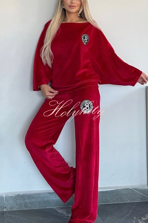 Solid Color Velvet Round Neck Bat Sleeve Casual Top and Elastic Waist Loose Pocket Pants Set