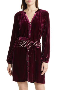 Solid Color Velvet Long-sleeved V-neck Lace-up Mini Dress