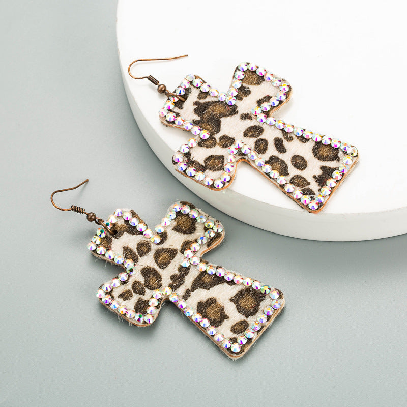 Exaggerated Cross Personality Leopard Print Earrings