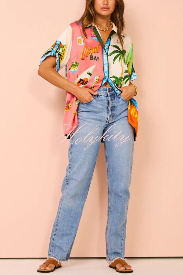 Kissed By The Sun Satin Unique Print Colorblock Button Down Oversized Blouse