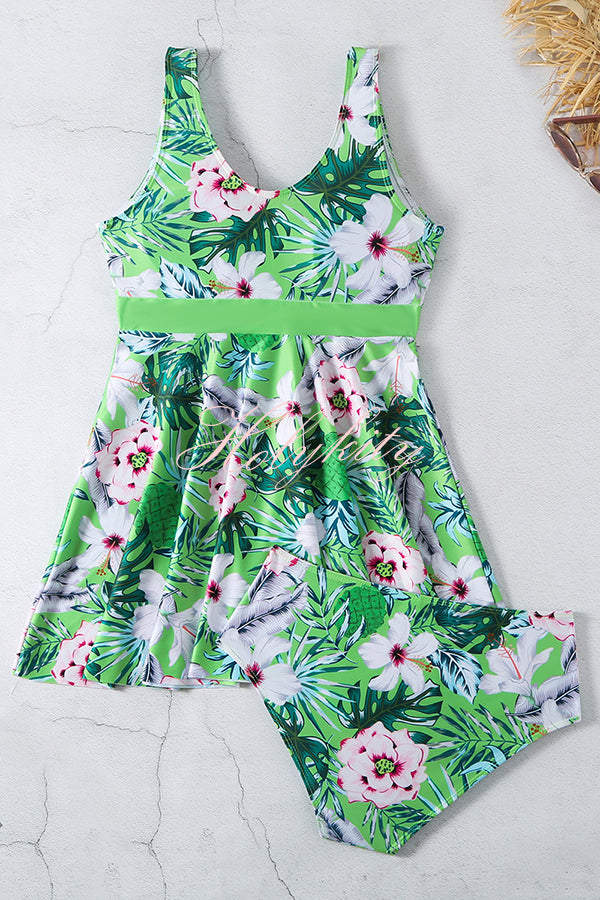 Cheerful Floral Print Bow Detail Tankini Swimsuit Set