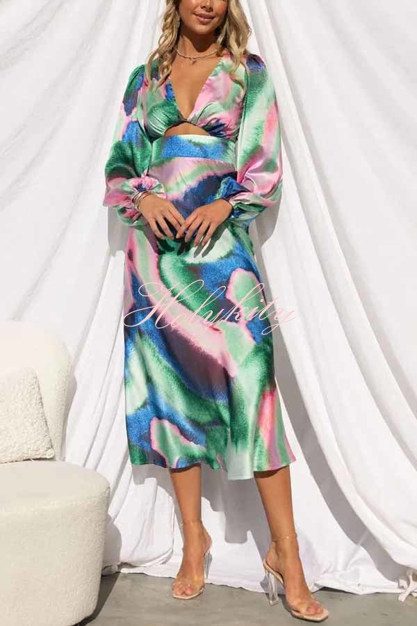 Own The Evening Satin Neon Print Cutout Midi Dress