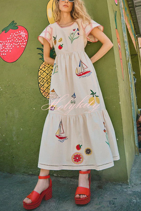 Summer Resort Printed Round Neck Bell Sleeve Maxi Dress