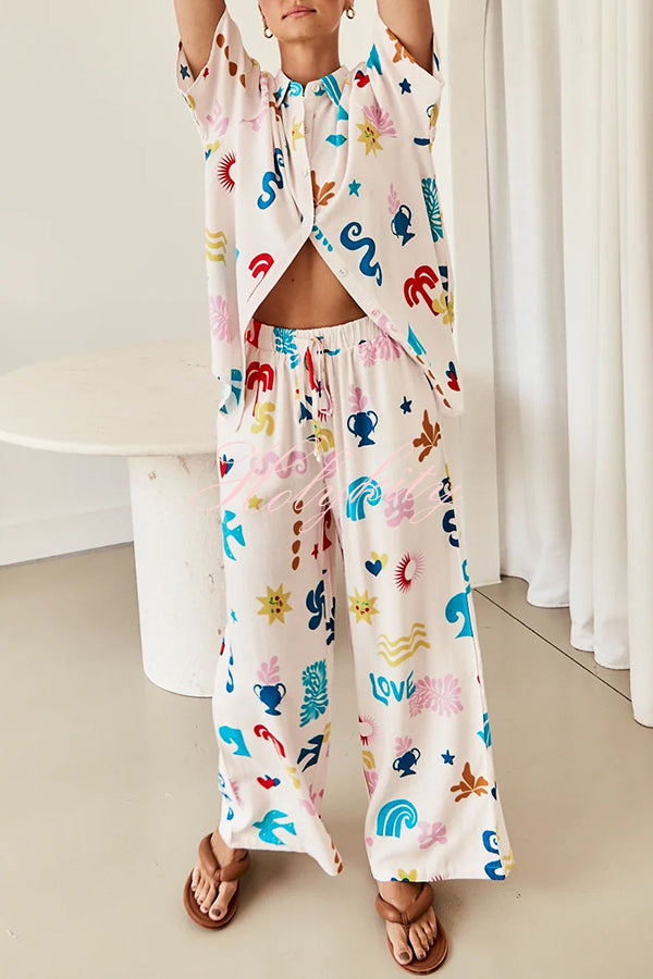 Summer Beach Element Printed Button Lace Up Pocket Pants Suit