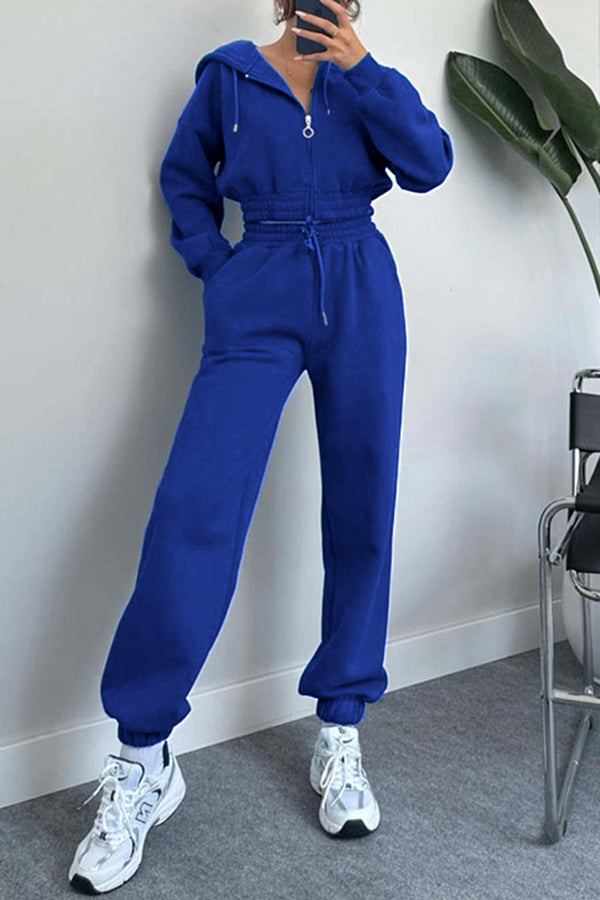 Hooded Zip Up Waist Sweatshirt and Elastic Waist Lace Up Pants Set