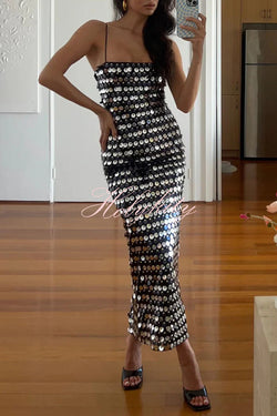 Glamour Glow Sequin Spaghetti Strap Birthday Party Midi Dresses