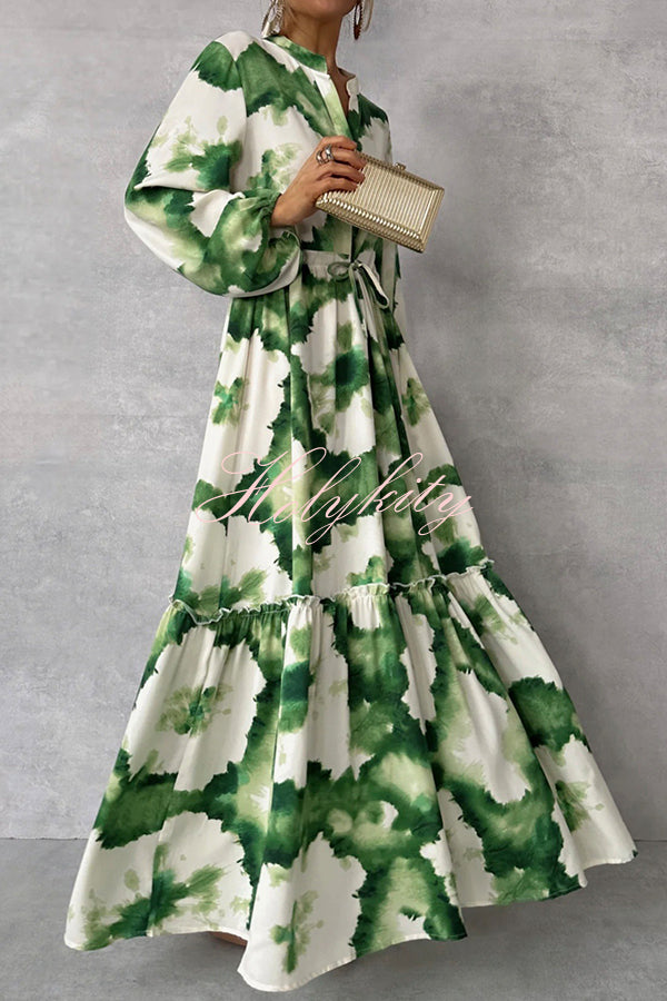 Unique Printed V-neck Long Sleeve Waist Tie-down Maxi Dress