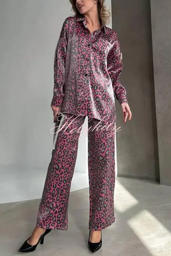 Leopard Print Long-sleeved Casual Top and Loose Elastic Waist Tie Pants Set