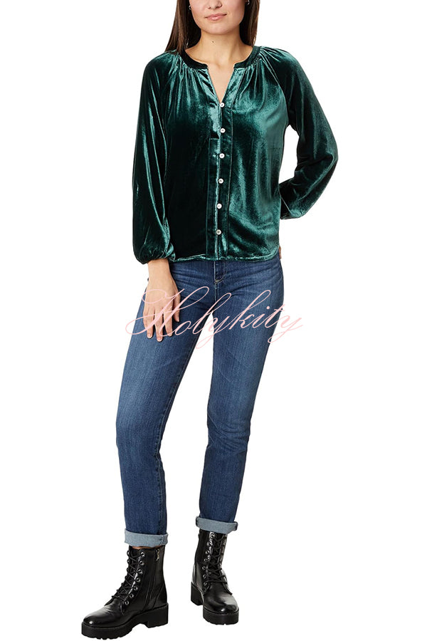 Solid Color Velvet V-neck Long-sleeved Shirt