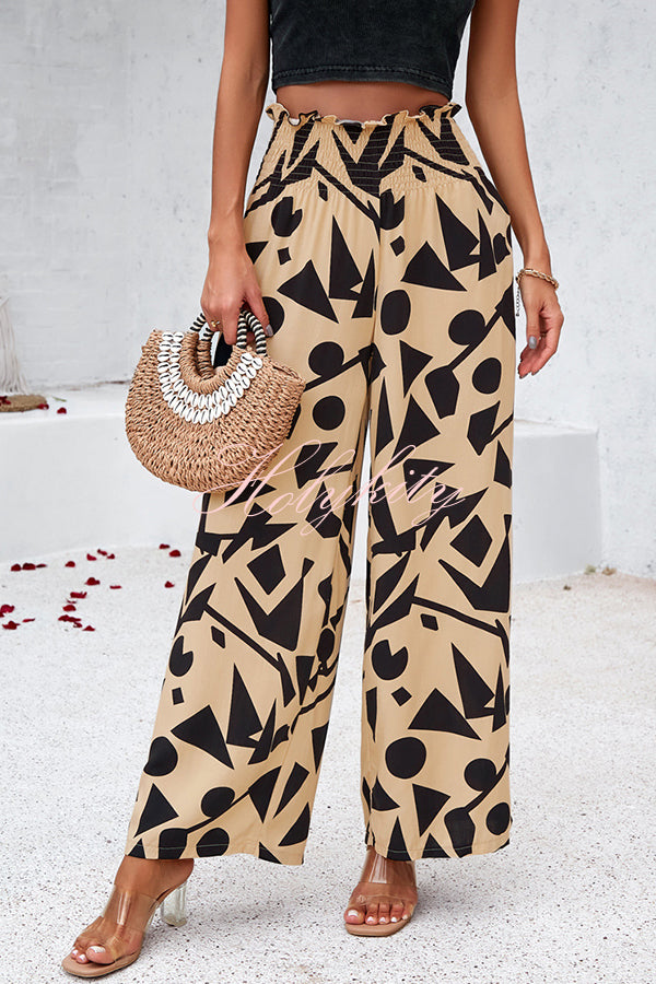 Uniquely Printed Ruffled Elastic Waist Pocket Pleated Wide Leg Pants