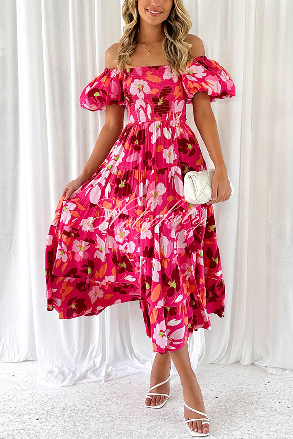 Petal Princess Unique Print Smocked Waist Puff Sleeve Midi Dress