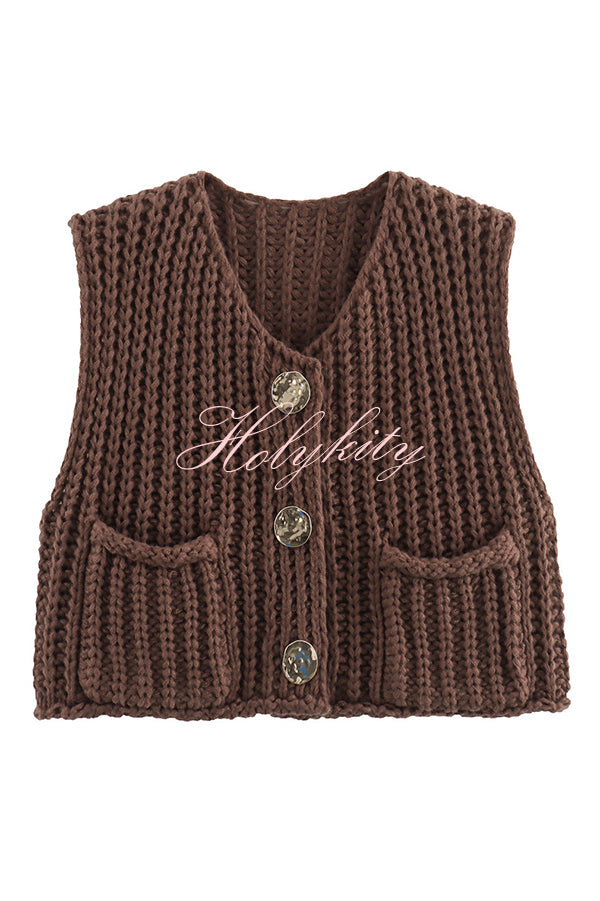 Solid Color Sleeveless Pocket Knitted Vest