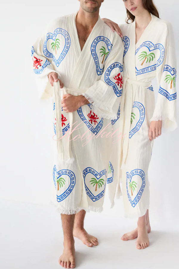 Maia Linen Blend Unique Print Belt Swimwear / Lounge Cover-up Robe