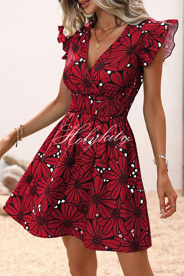 Wonderful Weekend Floral Print Ruffle Sleeve Elastic Waist Mini Dress