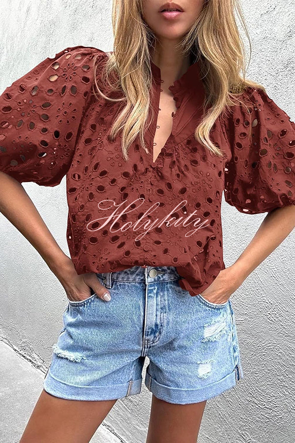 Hollow Embroidered Lace V-neck Buttoned Lantern Sleeve Blouse