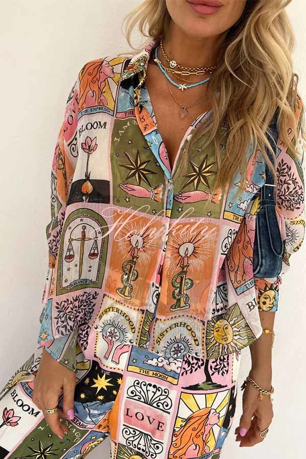 Whimsical Tarot Inspired Print Dolman Sleeve Flowy Shirt and Elastic Waist Wide Leg Pants Set