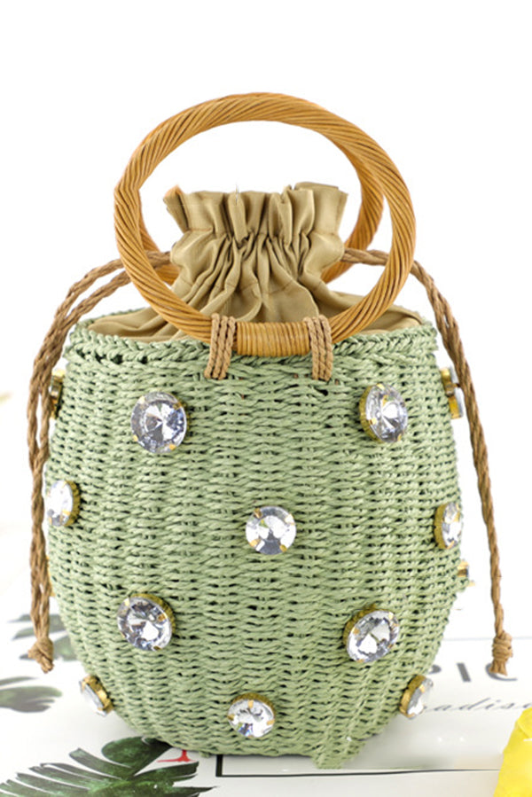 Fashionable Imitation Rhinestone Embellished Casual Barrel Rattan Bag