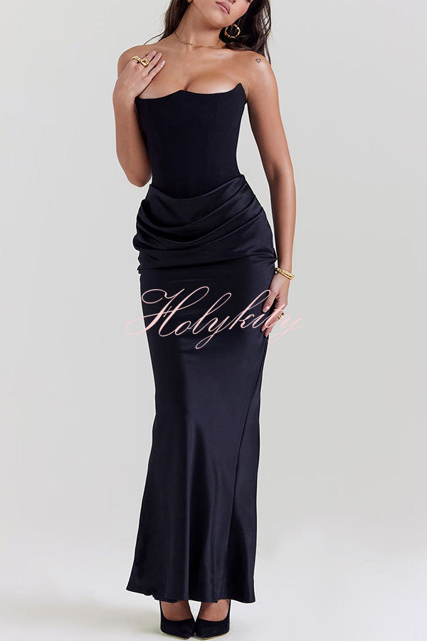 Persephone Crepe and Satin Patchwork Off Shoulder Ruched Maxi Dress