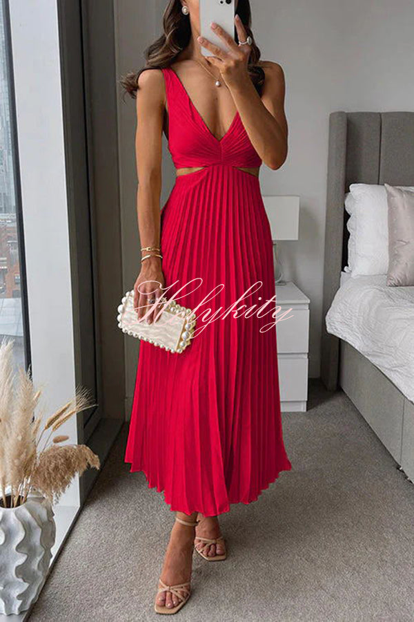 Summer Social Stain Pleated Cutout Waist Loose Midi Dress